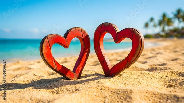 Obraz Two Red Hearts on Sandy Beach with Ocean Background