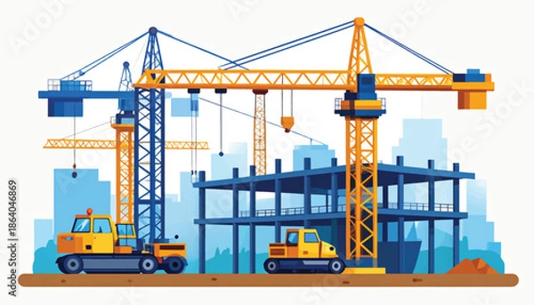 Obraz Construction site with cranes and excavator in action