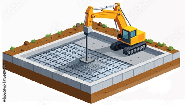 Obraz Construction site with excavator pouring concrete foundation