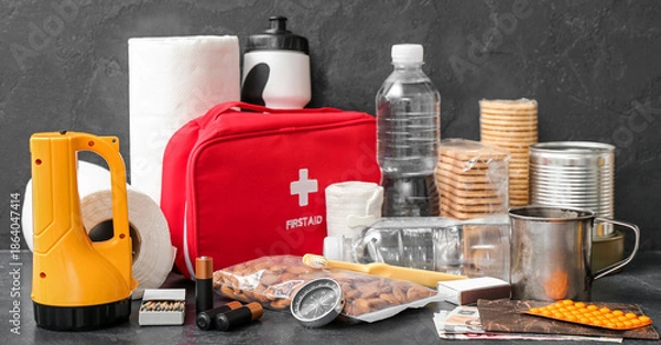 Obraz Necessities for emergency bag on dark table