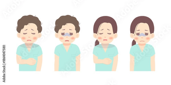 Obraz 仕事のストレスや悩みで元気がない医師・医療従事者の上半身のイラストセット