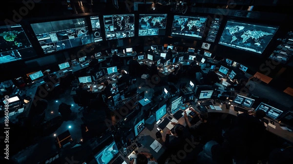 Obraz High-tech command center with multiple monitors displaying global data and maps in a dark, futuristic environment