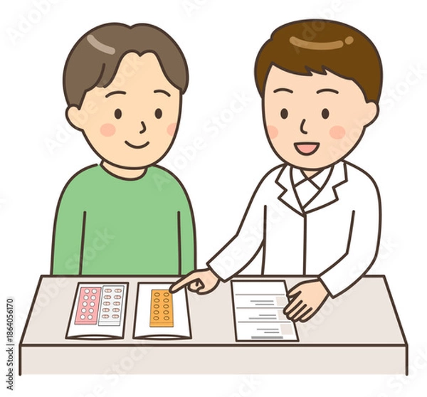 Obraz 薬の説明をする男性薬剤師と若い男性患者