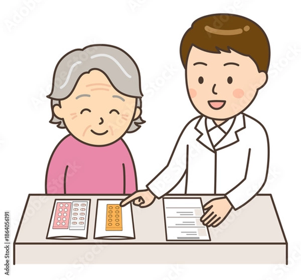 Obraz 薬の説明をする若い男性薬剤師と患者のおばあさん