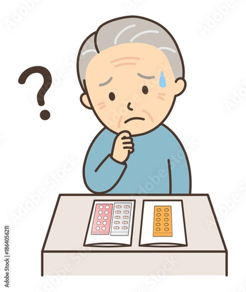 Obraz 処方された薬を見ながら悩んでいるおじいさん