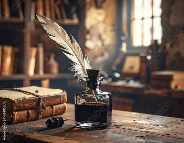 Obraz Glass ink bottle with quill, Generated image	
