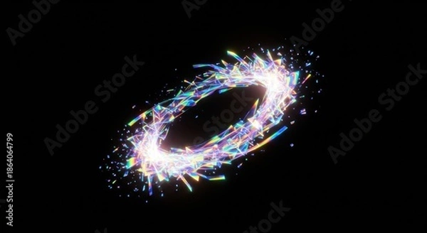 Obraz Glowing iridescent particles form a dynamic, shattering circular shape against a dark backdrop