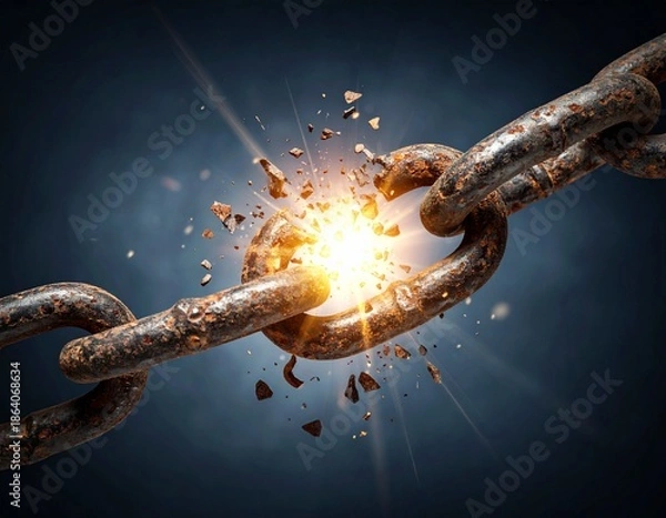 Obraz Rusty chain breaking apart with explosive force and bright light