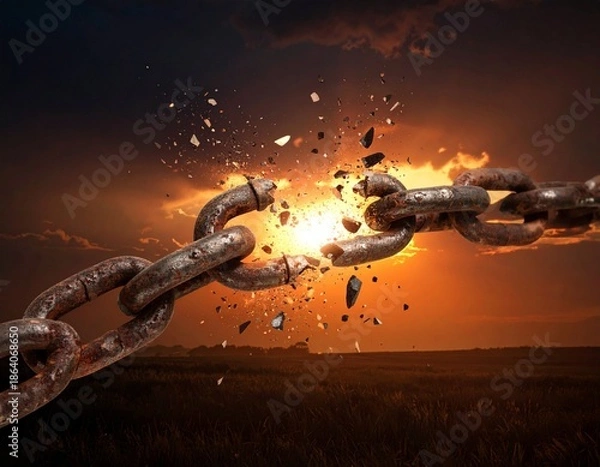 Obraz Rusted chain breaking apart with explosion at sunset