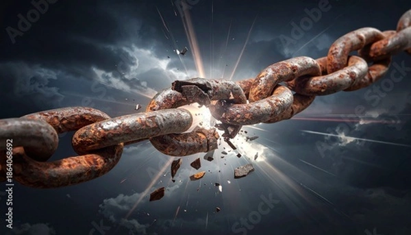 Obraz Rusted chain breaking apart with explosive force in dramatic sky
