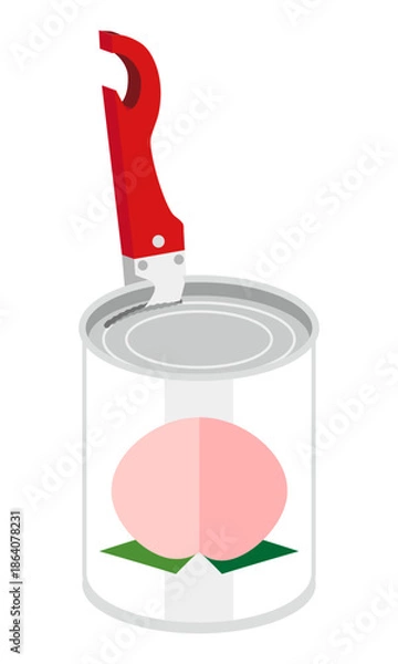 Fototapeta 缶切りで白桃の缶詰を開けるイラスト