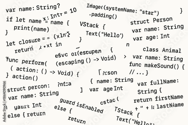 Fototapeta background with randomly scattered programming language codes. black characters on a white background