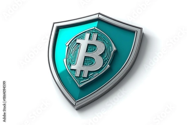 Fototapeta Secure Bitcoin shield with protective silver border and teal background