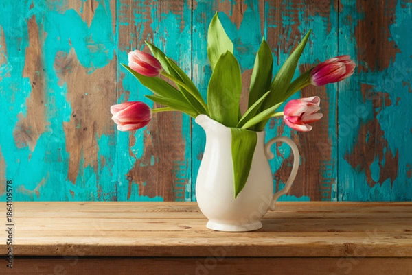 Obraz Spring tulip flower bouquet on wooden table over rustic background