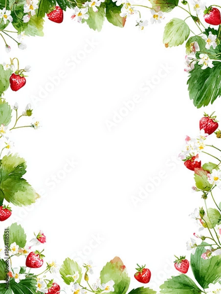 Obraz 水彩画風のイチゴと白い花のボタニカルフレーム素材