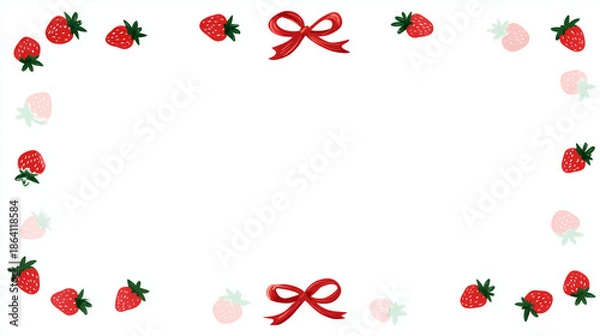 Obraz いちごとリボンのかわいいフレーム