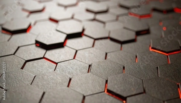 Fototapeta Abstract Hexagonal Pattern with Red Glowing Edges - Modern Technology Background.