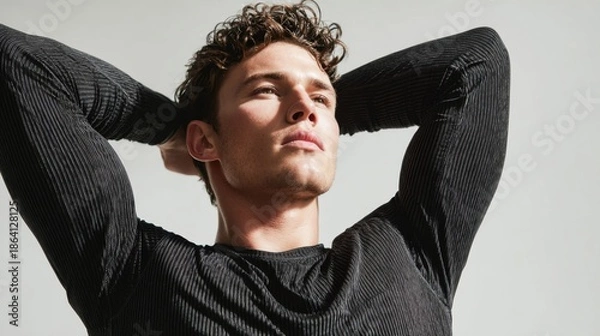 Obraz Young man posing, arms behind head, looking up
