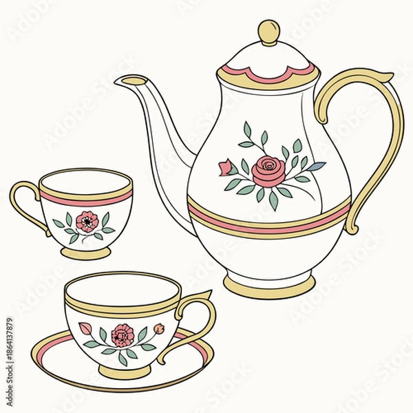 Obraz teapot and cups on white background