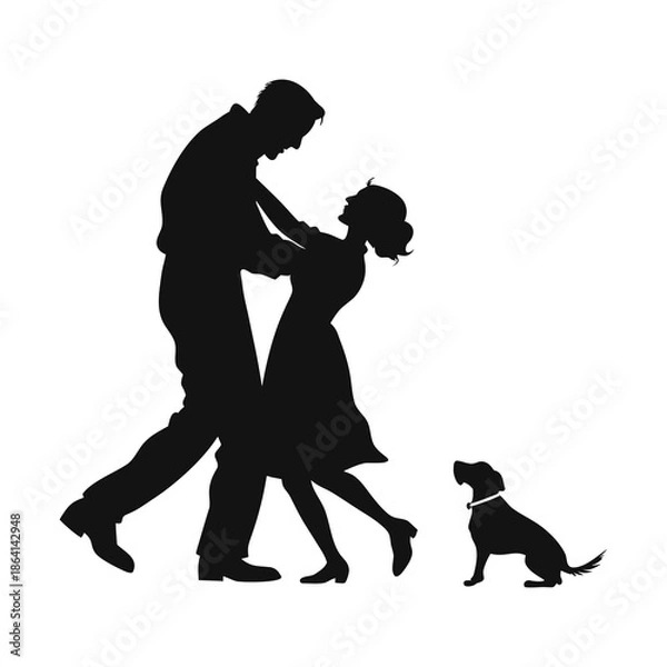 Obraz Couple dancing with dog silhouette