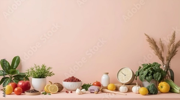 Obraz Food themed backdrop with cooking elements on a solid background, clean and modern style.
