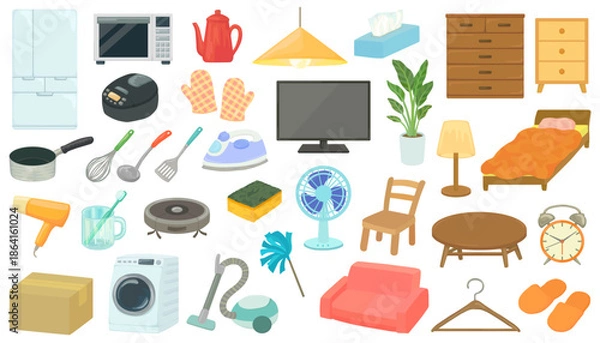 Obraz 家具・家電・生活雑貨のイラストセット 新生活 住まい ベクター素材