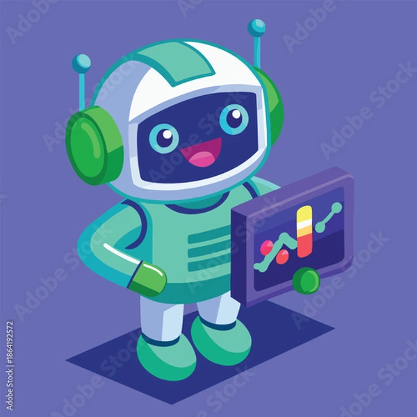 Obraz A friendly cartoon robot presenting data analysis on a small digital screen display