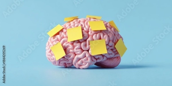 Obraz Pink brain with yellow sticky notes