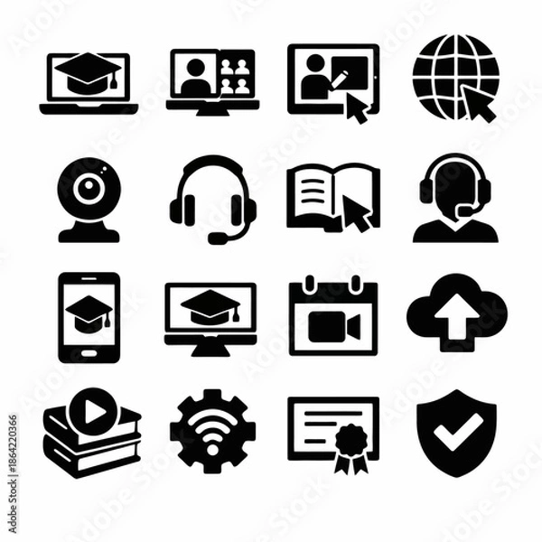 Obraz Online education icons: e-learning, video calls, virtual classes, certificates, uploads