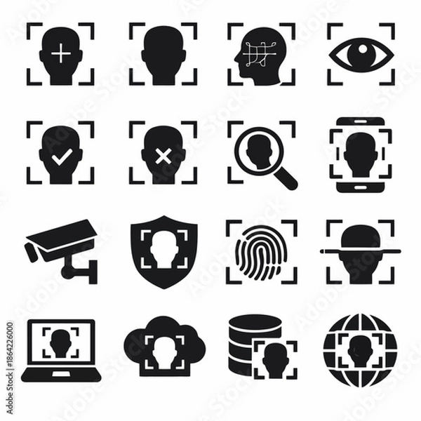 Obraz Facial recognition icons set featuring profiles, scanners, and security elements