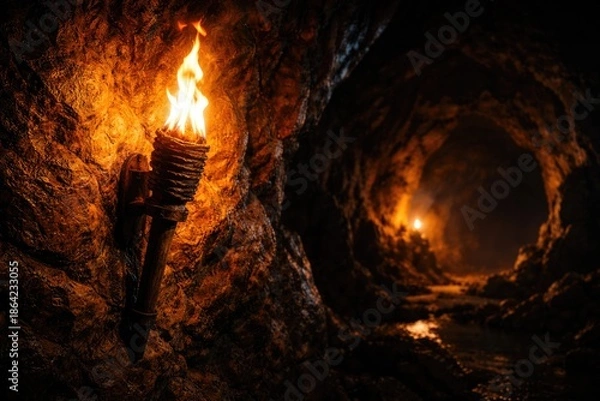 Obraz Ancient Underground Tunnel with Burning Torch Light