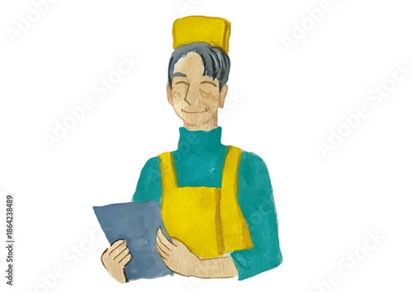 Obraz メニューを持っている笑顔の黄色いエプロンをして帽子を被ったシニアの男性店員