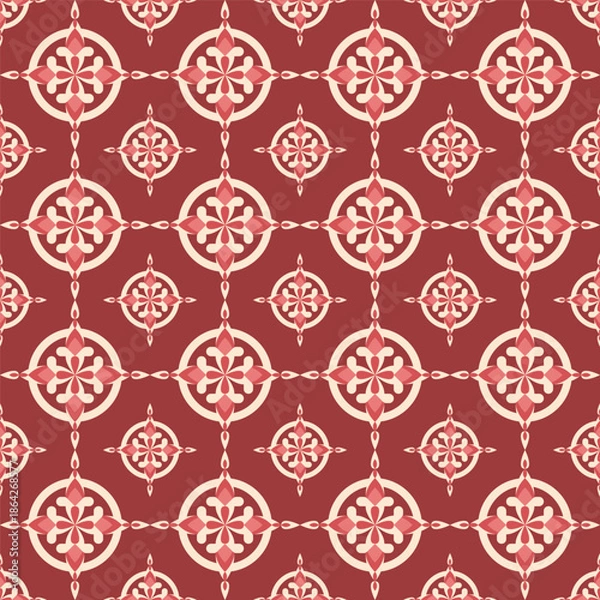 Obraz Decorative Floral Ornament Seamless Pattern with Circular Elements on Maroon Background