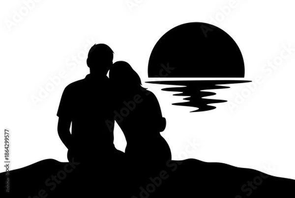 Obraz Couple watching sunset isolated on white background, Vector, illustration
