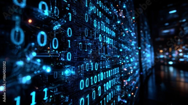 Obraz Blue Binary Data Software Programming Code Background. Random Parts of Program Code. Digital Data Technology Concept. 1 0 Machine Code. Random Binary Data Matrix Wide Vector Illustration.