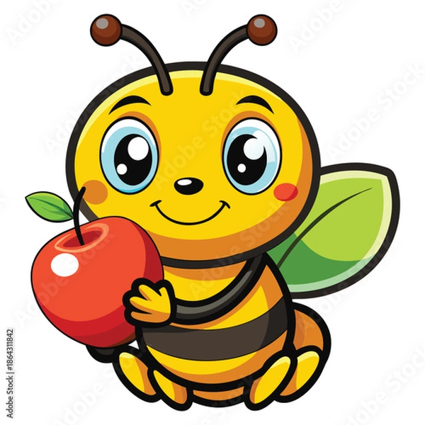 Obraz Cute Bee Cartoon Character with Apple Vector