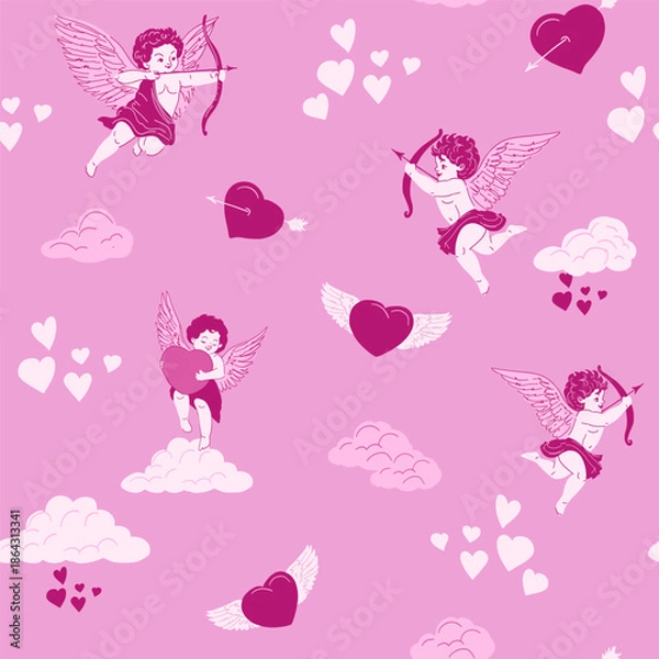 Obraz Cupid, seamless pattern, angel set, hand drawn sketch,  vector illustration