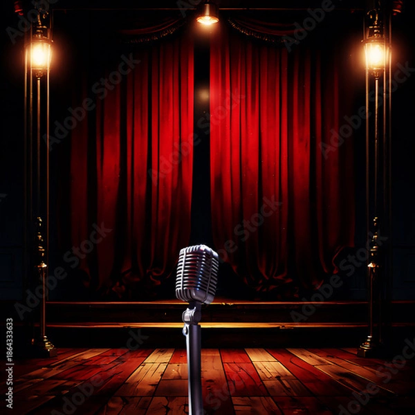 Obraz レトロなマイクとステージ　AI生成素材
