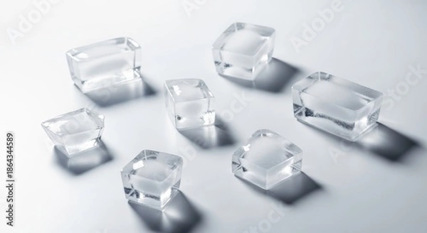 Obraz Clear ice cubes scattered on a white background, refreshing and cold
