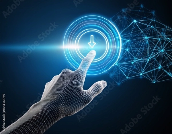 Obraz wireframe hand touching glowing click here button