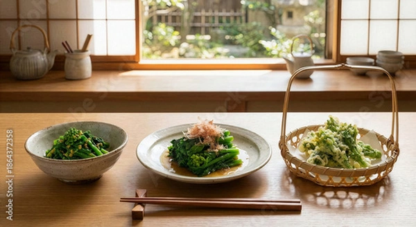Obraz 窓辺で味わう春の和食膳 菜の花の天ぷらと和え物