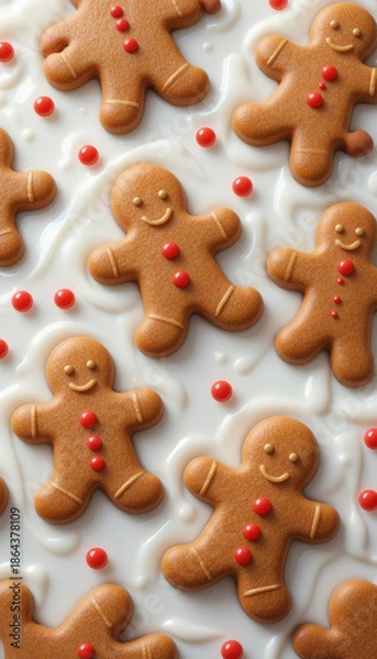 Obraz Vertical Array of Gingerbread Figures in White Icing Backdrop
