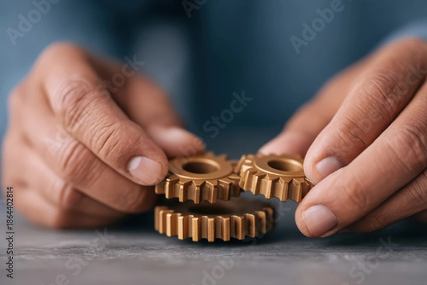 Fototapeta Hands assembling small modular gear pieces creating collaborative mechanical connection with focused close up