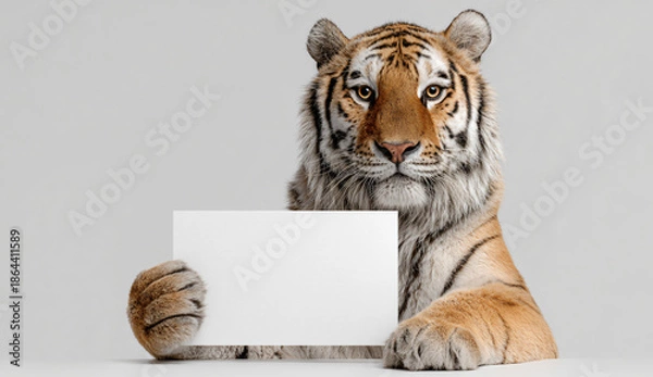 Obraz Tiger Holding Empty White Paper Sign for Custom Text