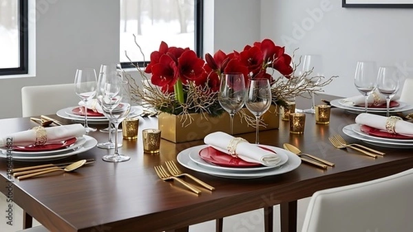 Obraz Elegant Dining Table Setting with Red Roses.