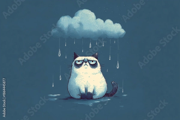 Obraz A grumpy cat sitting under a small, sad rain cloud with raindrops falling.