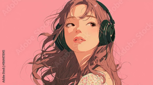 Obraz ヘッドフォンで音楽を聞く女性をYouTube動画サムネイル用にアニメスタイルで描いたAI生成画