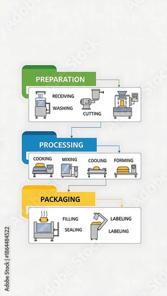 Fototapeta Food processing stages from preparation to packaging workflow