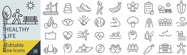 Obraz 線の編集ができる健康的な生活に関するアイコンセット（アウトライン化していない）
