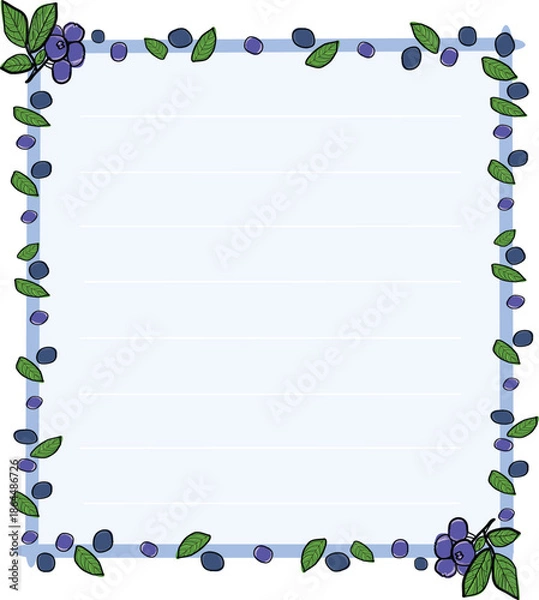 Obraz Sky Blue Rectangular Notebook Frame with Striped Note Paper and Blueberry Pattern Border